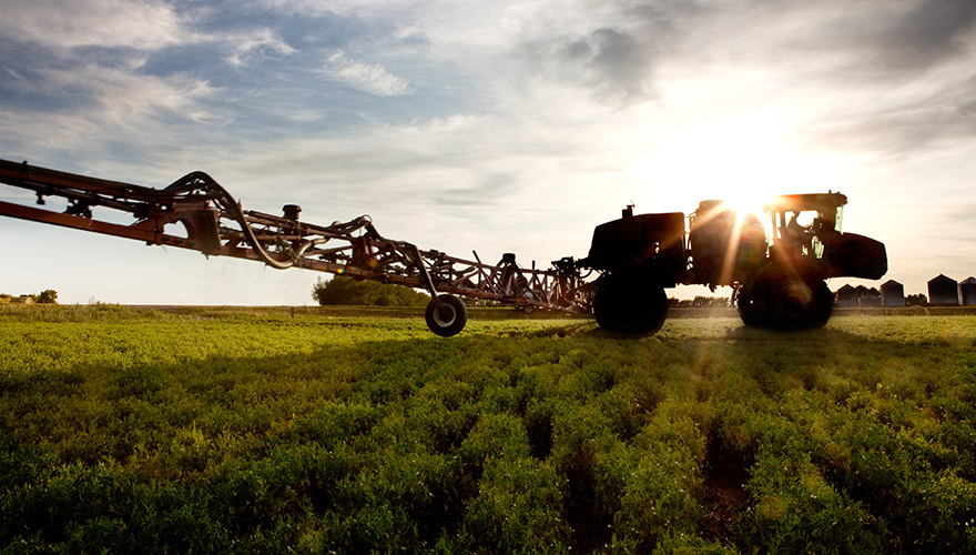 A silhouette of a high clearance sprayer on a field